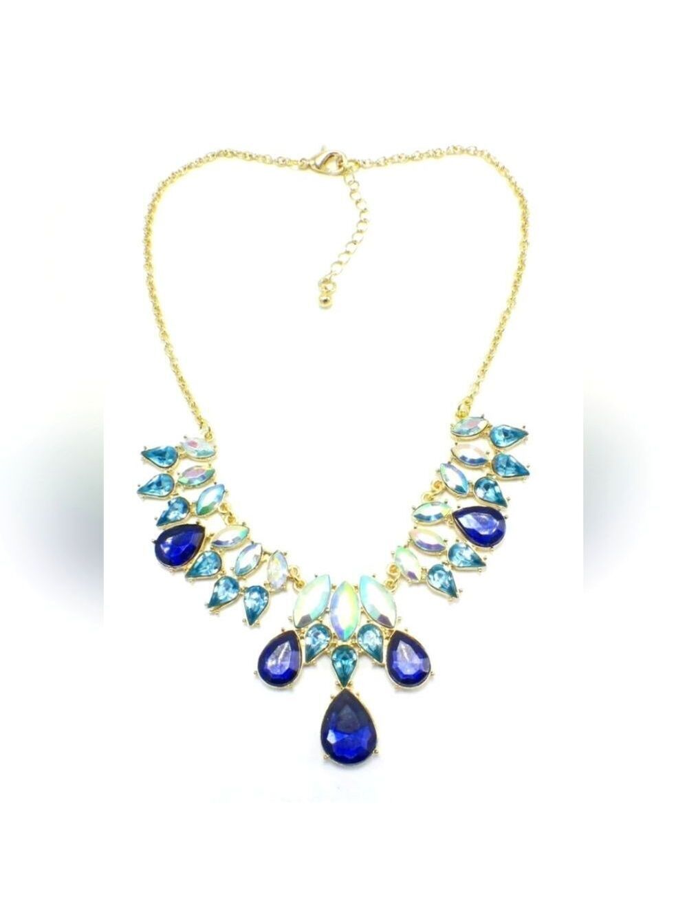 Gorgeous Gold Iridescent Blue Stone Statement Necklace NWOT 16"+2"